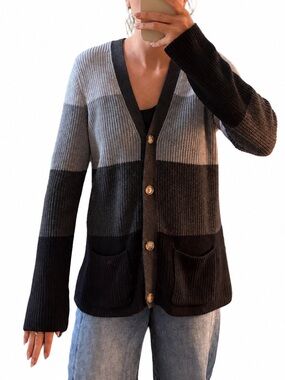 Land’s End Colorblock Rib Knit Button-Front Cardigan - Black & Gray